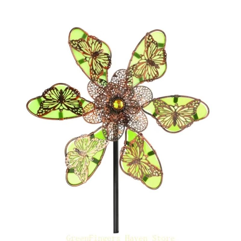 Luminous Effect Windmill Spinner Sculpture Metal Flower Pinwheel Wind Rotator  Lawn