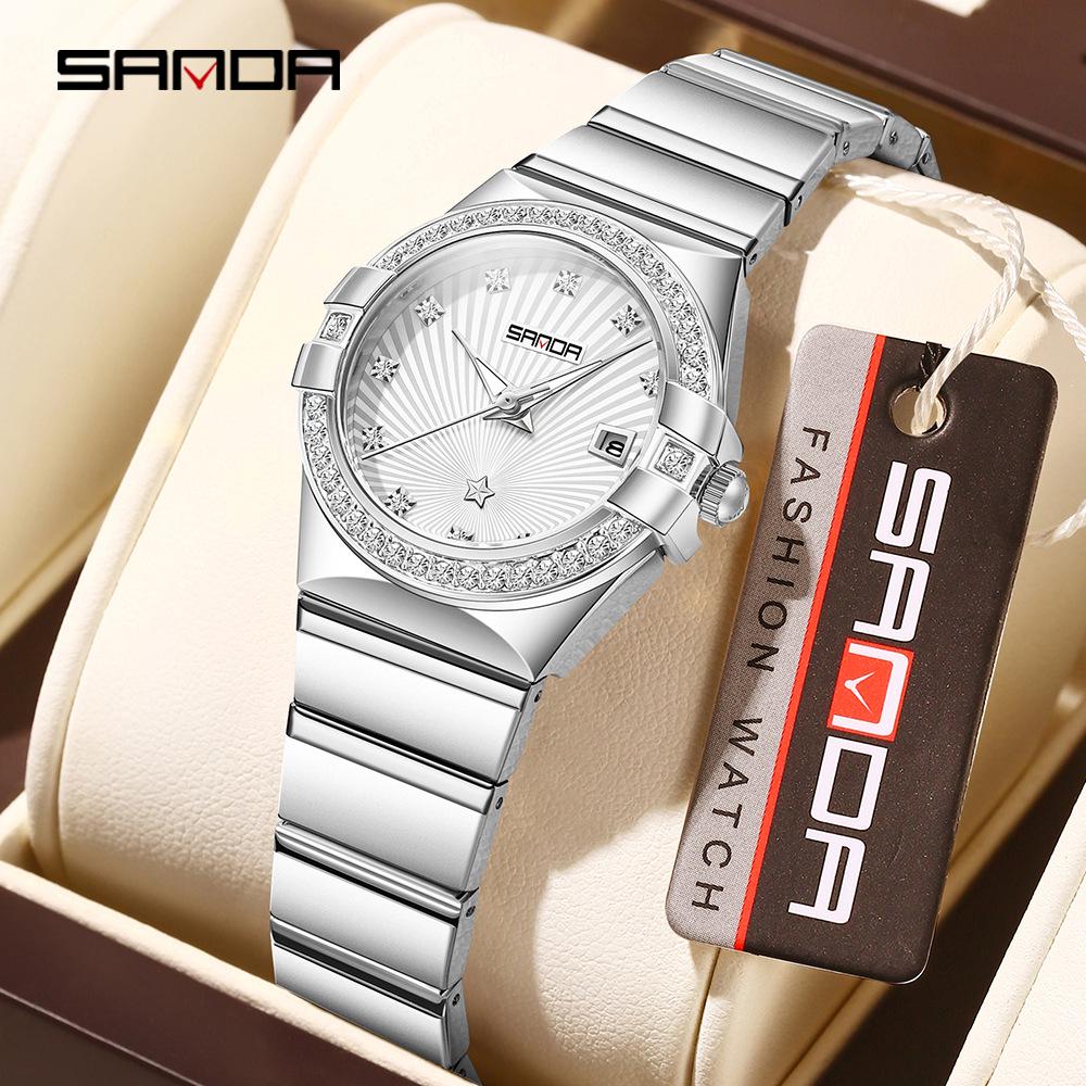 Sanda Women's Luminous Sunray Dial Quartz Watch with Vintage Calendar & Diamond Accents, Waterproof.