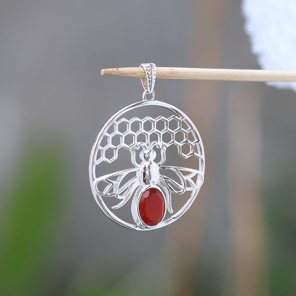 Carnelian Honey Bee Hive Pendant 100% 925 Sterling Silver Charm Pendant Jewelry