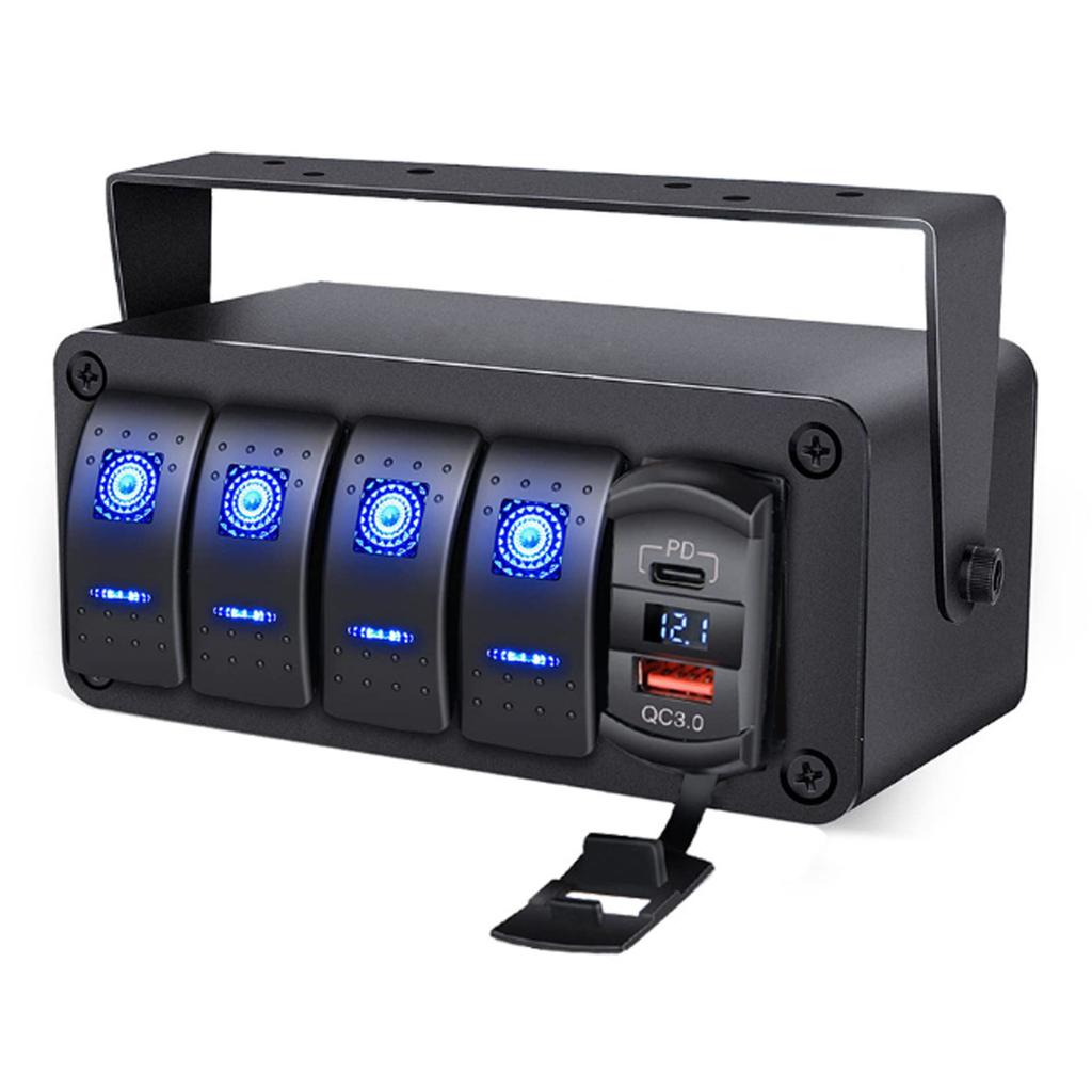4 Gang Rocker Switch Panel with PD Type C QC3.0 USB Charger Waterproof Universal Fit for Car Truck Boat RV UTV ATV