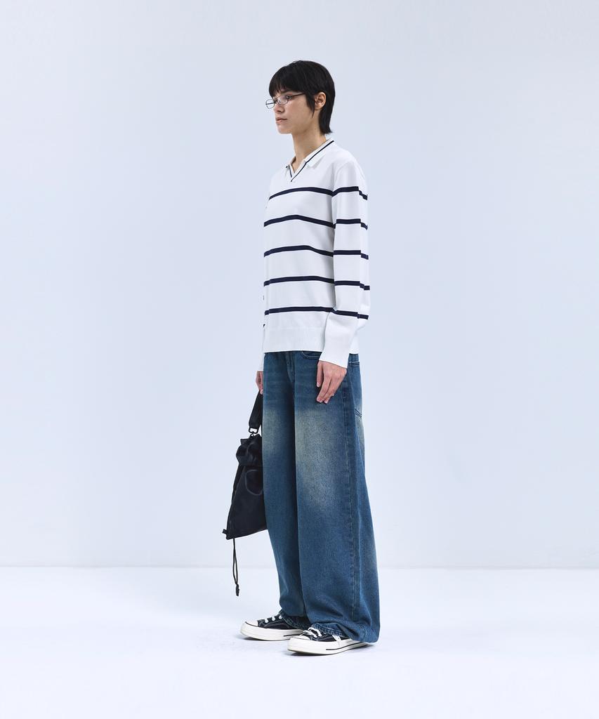 IRONYPORNO WHITELINE 86-Iroj365 Open-Neck Striped Long-Sleeve Knit White