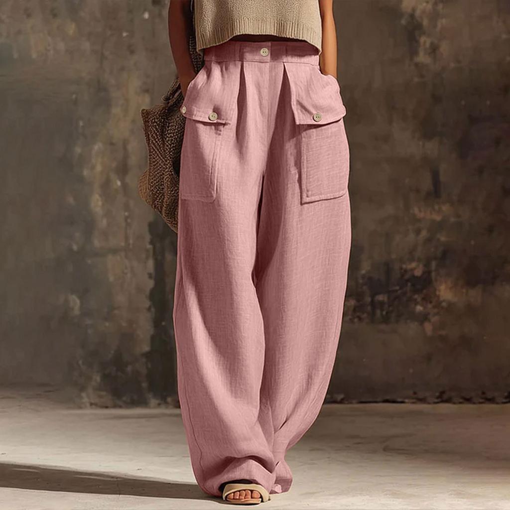 Women’s Casual Wide Leg Pants with Buttoned Pockets Cotton Linen Relaxed Fit Trousers for Everyday Wear Office Travel Lounge