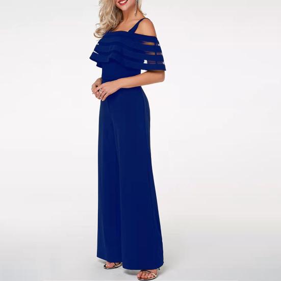 Women Jumpsuit Sexy Off Shoulder See-through Mesh  Solid Color Strappy Summer Ladies Casual Wide Leg Pants Long Romper Overall Womenswear