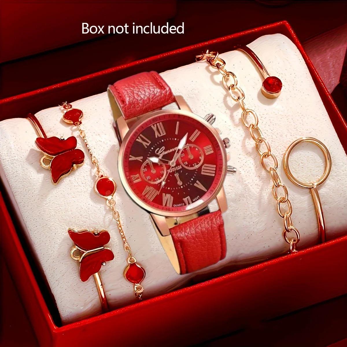 5pcs/set-Fashion Women s Roman Dial Quartz Watch, Women s Leather Strap Watch Bracelet Set (no Box)