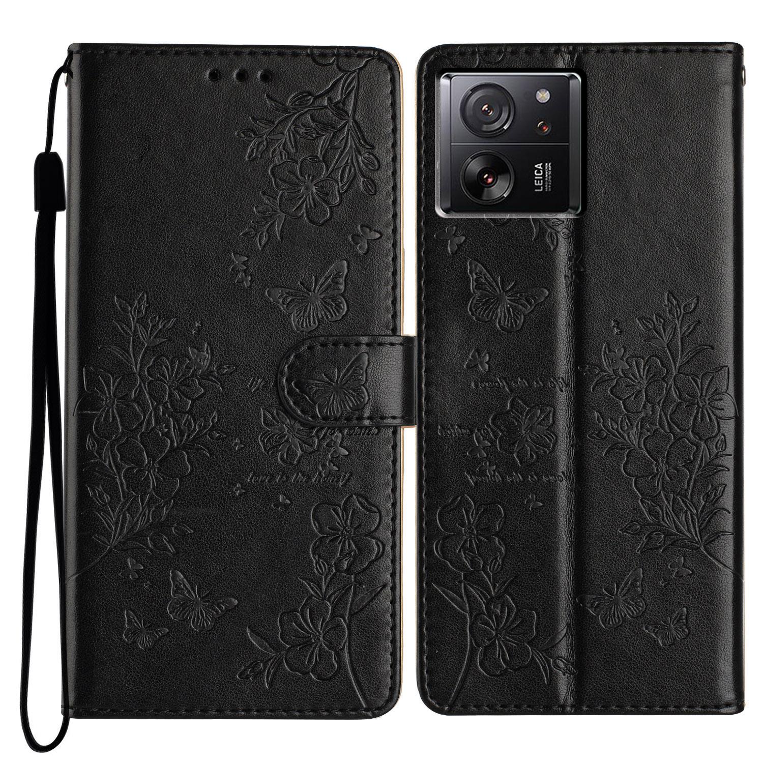 

For Xiaomi 13T/13T Pro/Redmi K60 Ultra Stand Case Butterfly Floral Imprint Leather Phone Cover Black
