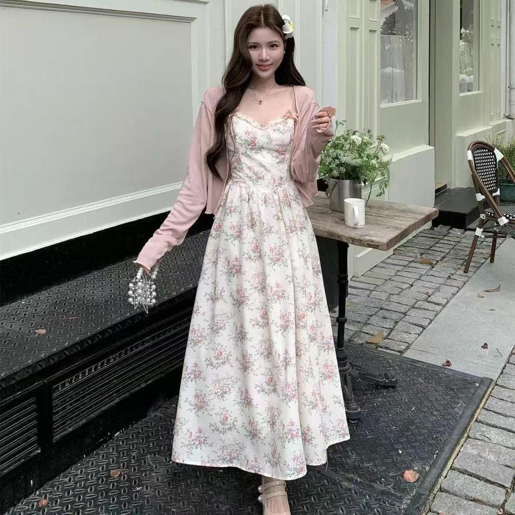 Plus Size French Floral Camisole Dress & Cardigan Set for Curvy Women