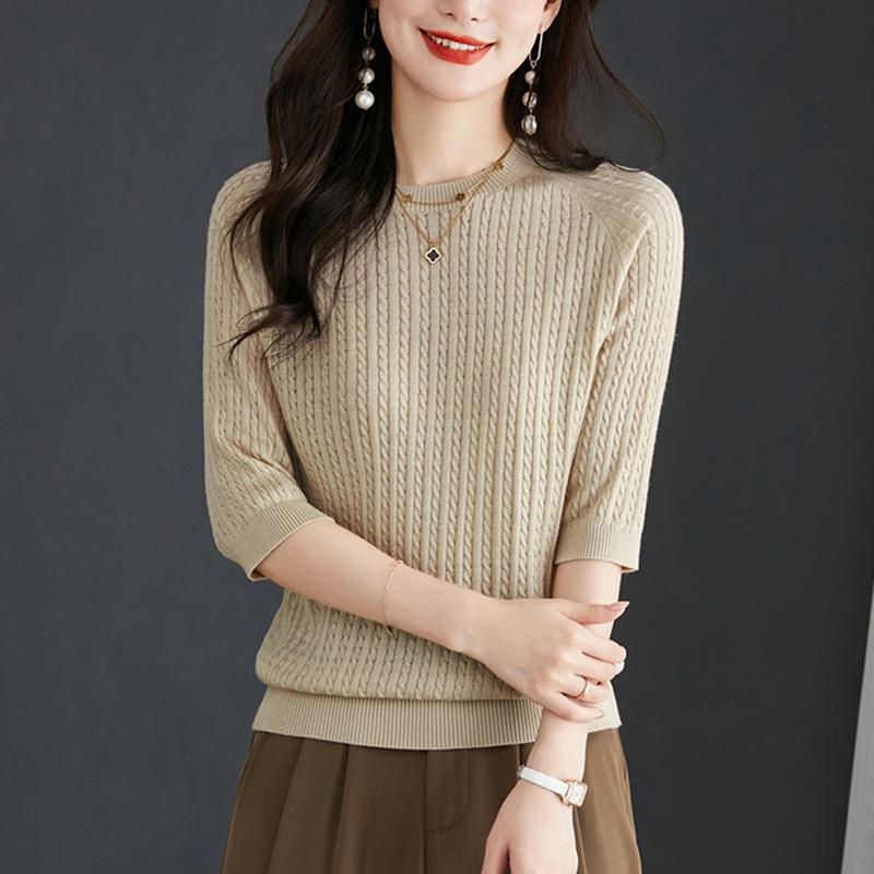 Spring and Summer Medium-sleeved Knitted Sweater Women's Thin Early Autumn New Loose Twist Bottomed Sweater Top