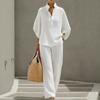 Women's Mandarin Collar Half Sleeve Button Up Shirt and Wide Leg Pants Casual Loungewear Set