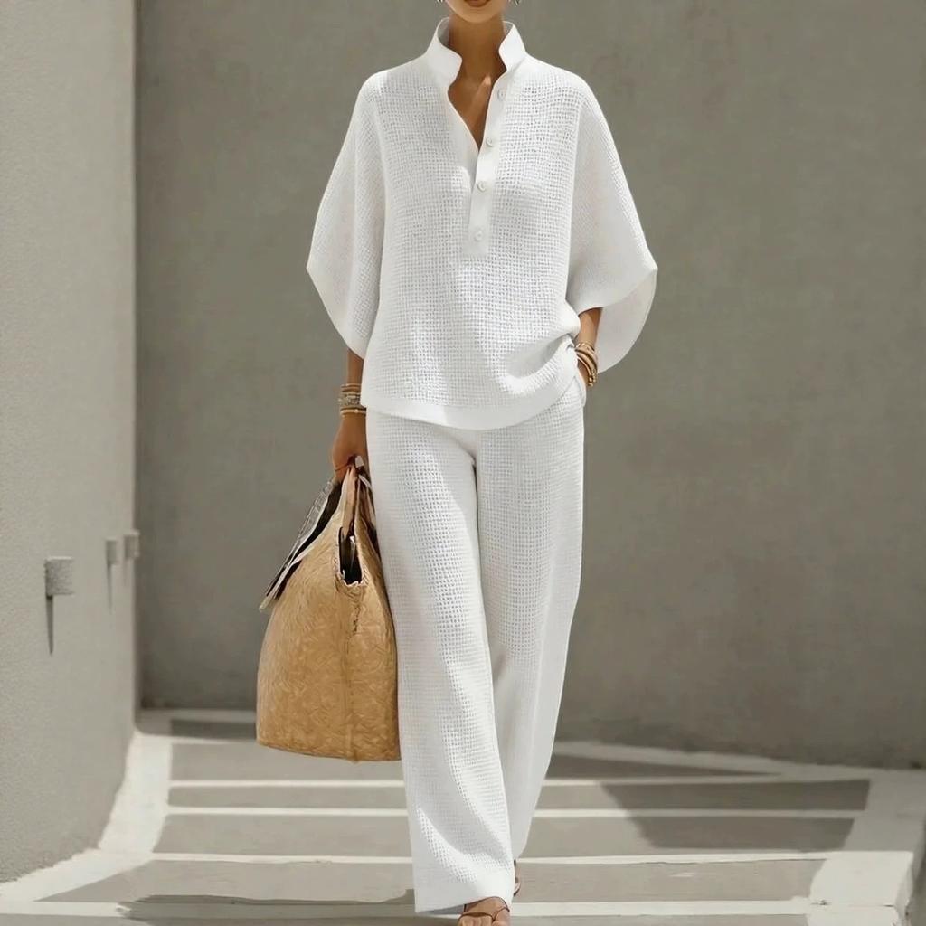 Women's Mandarin Collar Half Sleeve Button Up Shirt and Wide Leg Pants Casual Loungewear Set