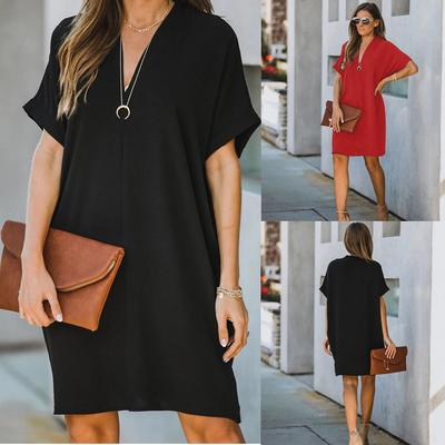 Women V Neck Short Sleeve Solid Loose Dress Summer Female Chiffon T-shirt Dresses