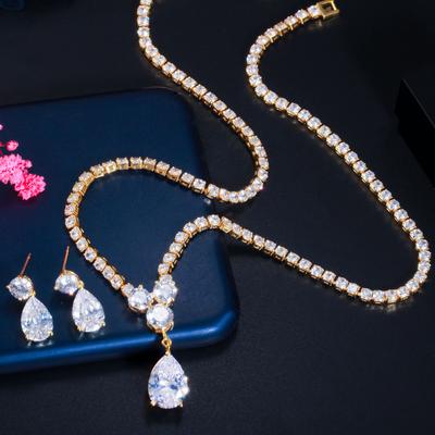 Temperament Wassertropfen Zirkon Halskette Ohrringe Braut Hochzeit Set Schmuck