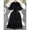 Fancy Accessible Luxury Graceful Puff Sleeve Stand-up Collar Cinched A- Line Cut Out Lace Dress Elegance Dress Long Skirt