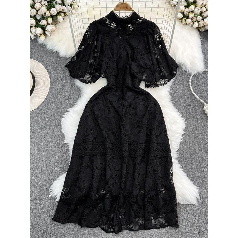 Fancy Accessible Luxury Graceful Puff Sleeve Stand-up Collar Cinched A- Line Cut Out Lace Dress Elegance Dress Long Skirt