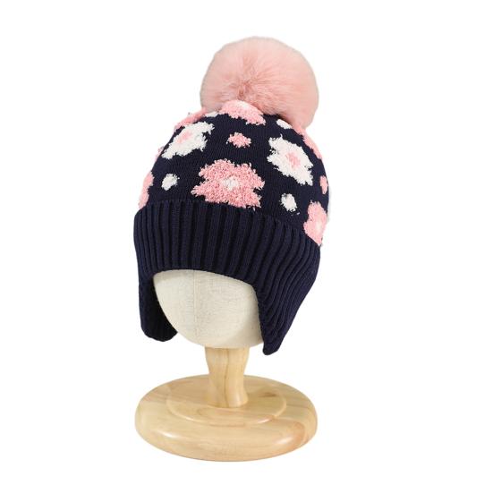 

Children Woolen Hat with Fur Ball Small Flower Decorations Ear Protection Thickened Plush Lining Knitting Hat
