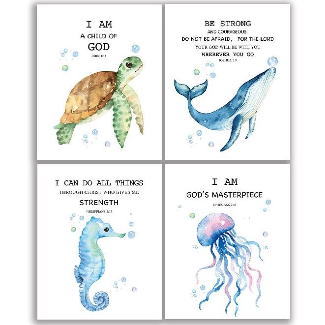 Scripture Bible Verse Wall Decor Set of 4 (8”X10”), Watercolor Blue Ocean Theme Religious Gifts for Children, pirational Bible Verses Quotes Baby be strong