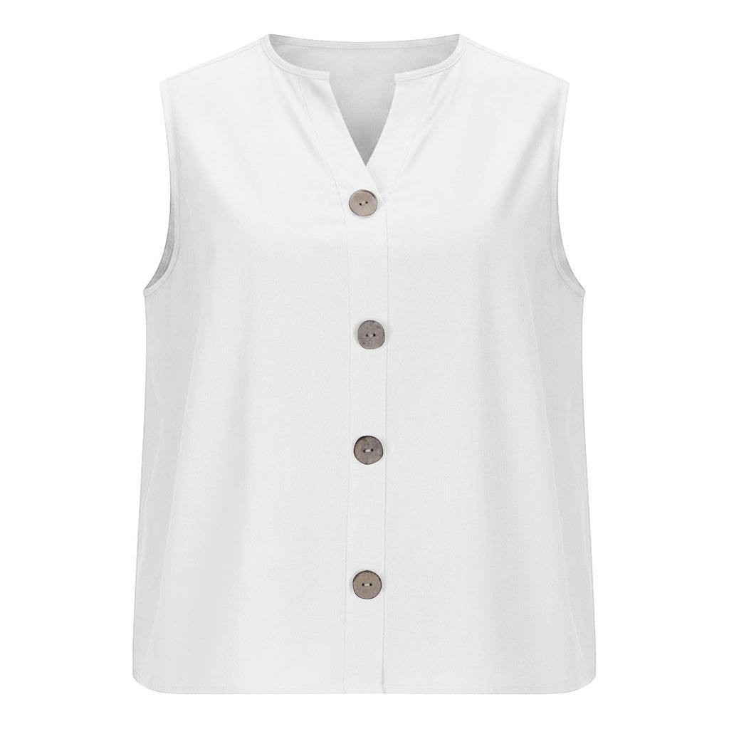 Women's Fashion Color Button Summer Loose V-neck Sleeveless Casual T-shirt Vest Top