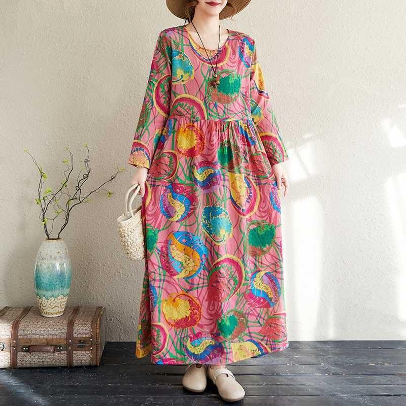 Large Size Summer Vintage Floral Loose Dress Flowing A-line Dress Women