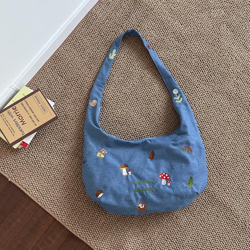 Carto Embroidery Women Denim Shoulder Bags Simple Large Capacity Ladies Underarm Hobos Bag Versatile Girl Tote Handbag Purse