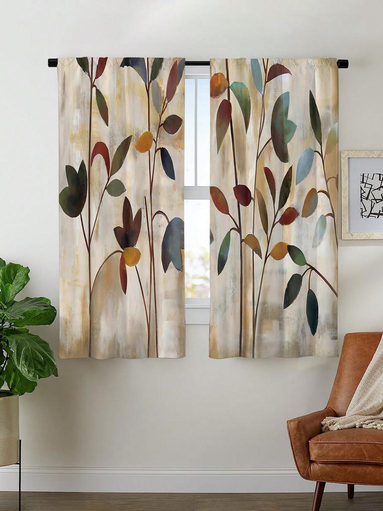 2pcs Watercolor Plant Leaves Curtains  Without Holes Curtain   Refer To Bedroom Office Kitchen Living Room Study Home Decor