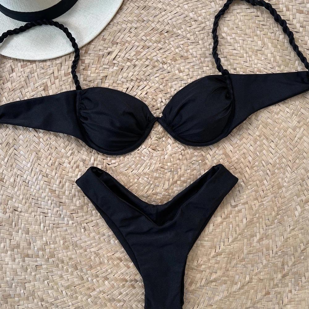Fashion Solid Wavy Low Waist Bikini Set Women Patchwork Aesthetic Sweet Swimsuit Hollow Out Two Pieces Sets Female Beach Party Suits