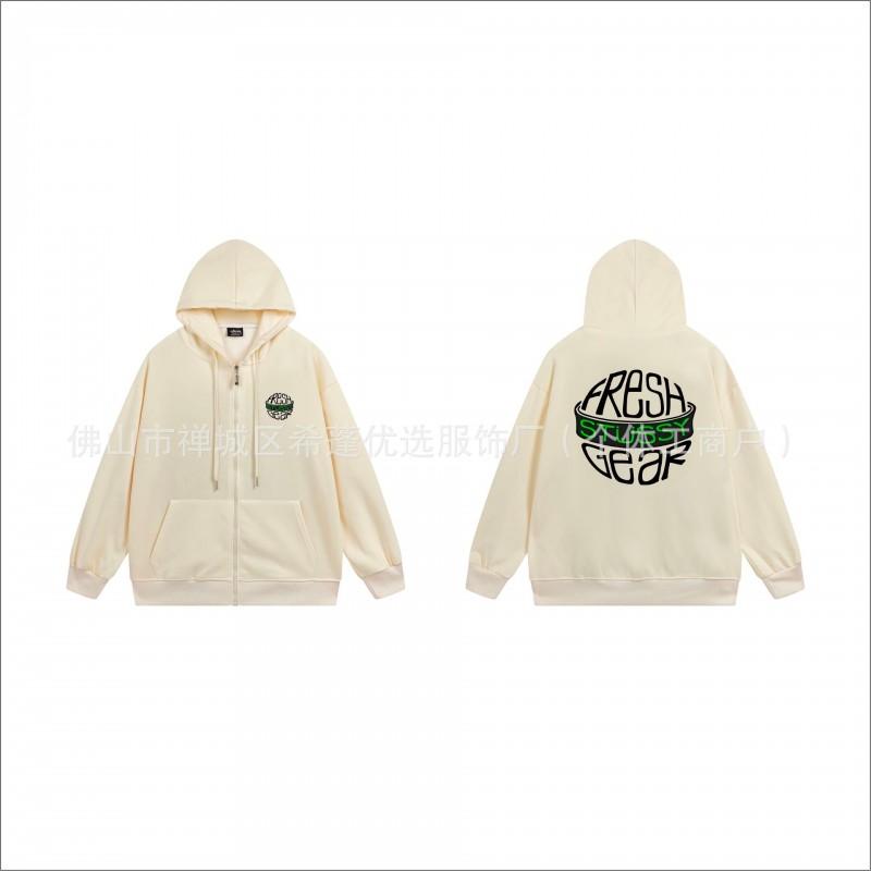 Stu Unisex Hooded Zip-Up Sweatshirt With Letter Print Fleece-Lined Oversized Fit Winter Casual Wear
