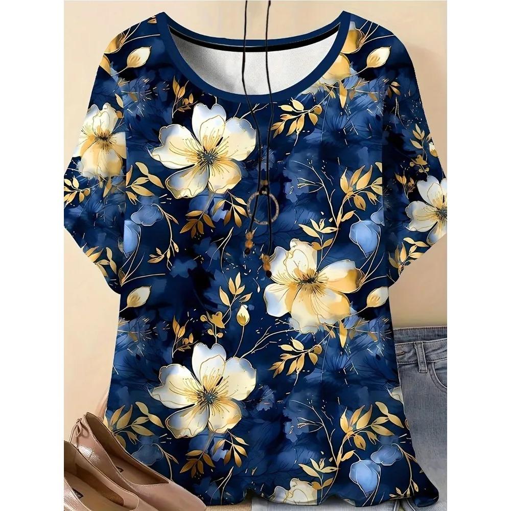 Retro Flower 3D Printed Short Sleeved T-shirt Fashionable Comfortable Soft Breathable Large Loose Womens T-shirt