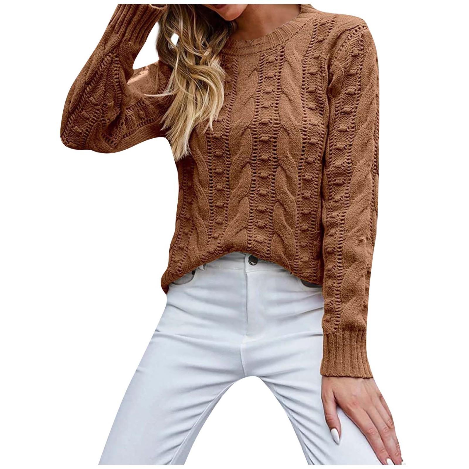 Женский однотонный пуловер с длинным рукавом и круглым вырезом — фото 10