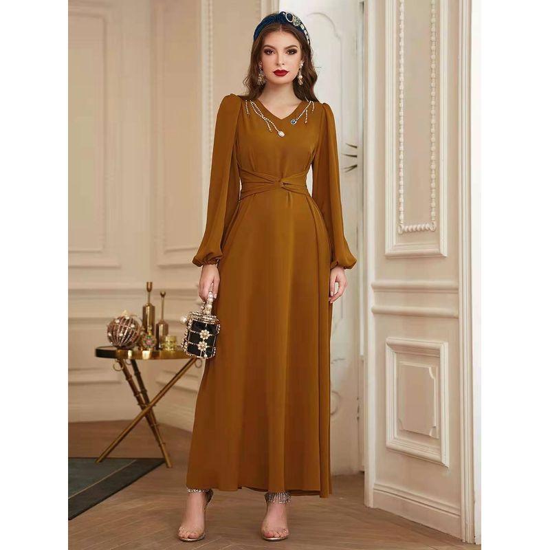 

New Long-sleeved Turmeric V-neck Hand-sewn Diamond Dress Ginger yellow S