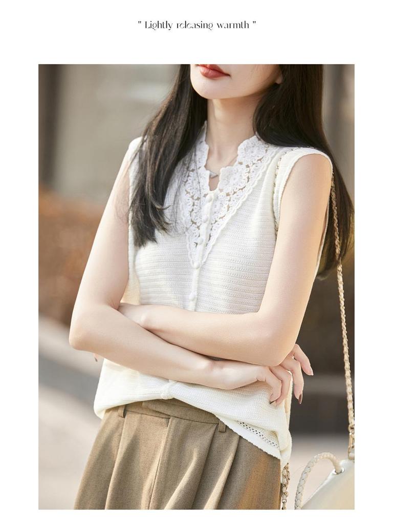 2026 Spring/Summer Women's Silk Wool V-Neck Sleeveless Knit Vest with Hollow Crochet Design