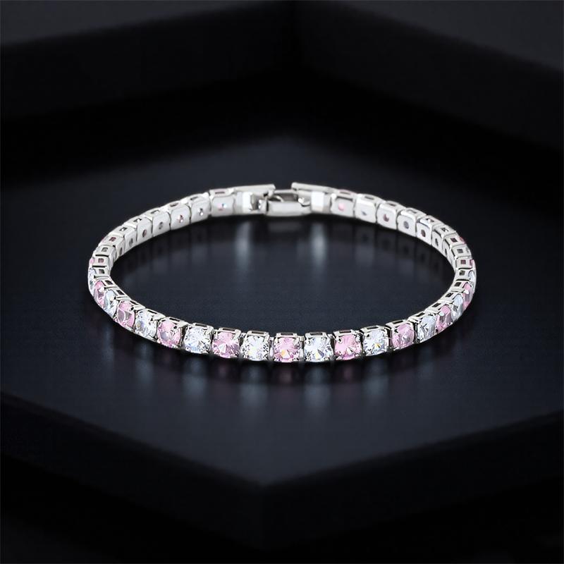 Braccialetti da Donna 4mm Pietra Rotonda Cristallo Rosa Carino Zircone Bianco 17/19cm Catene Colore Argento Vintage Braccialetto Gioielli da Matrimonio
