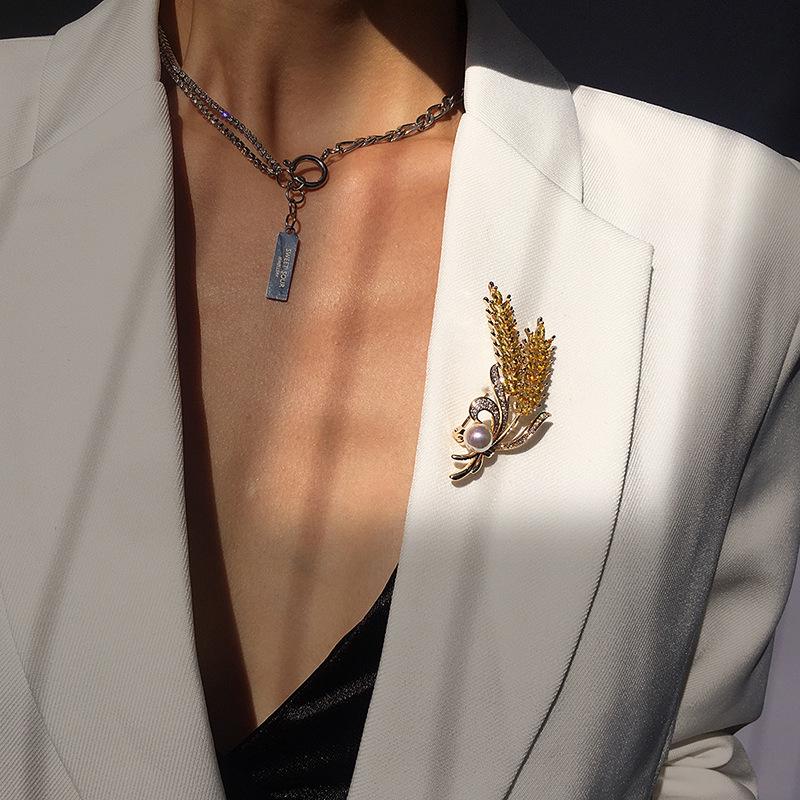 Broche Élégante Perle Blé Doré: Accessoire de Vêtement DIY en Cuivre Luxueux Zircon