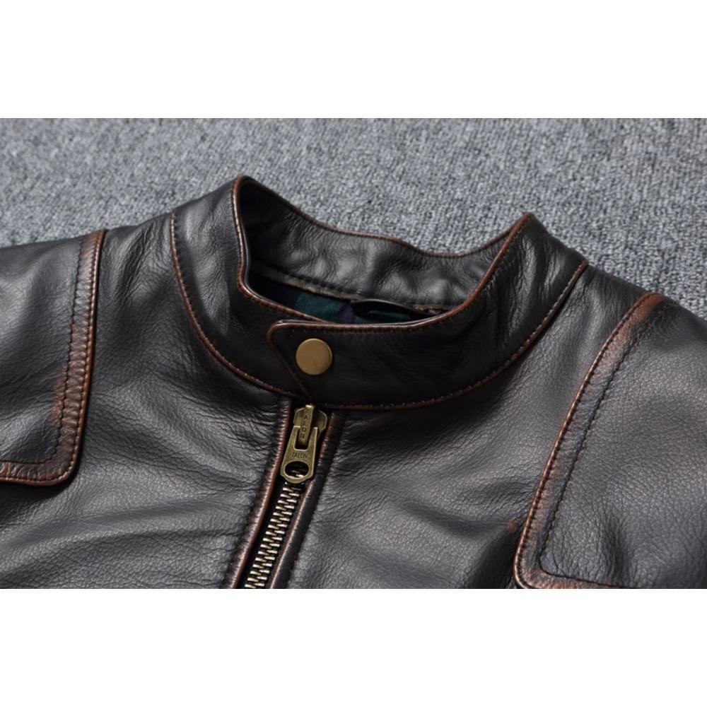 Style RL Top Layer Oil Waxed Cowhide Real Leather Jacket Men Stand Collar Brown Motorcycle Coat Men's Biker Jacket Spring Autumn