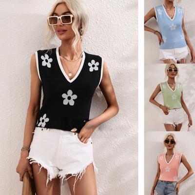Women's Printed V-neck Sleeveless Knitted Floral Pullover Sweater
