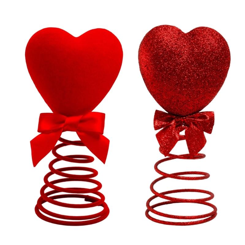 Red Heart Shape Spring Christmas Tree Toppers Star Ornament With Cotton and Metal Designs for Festival Home Decoration
