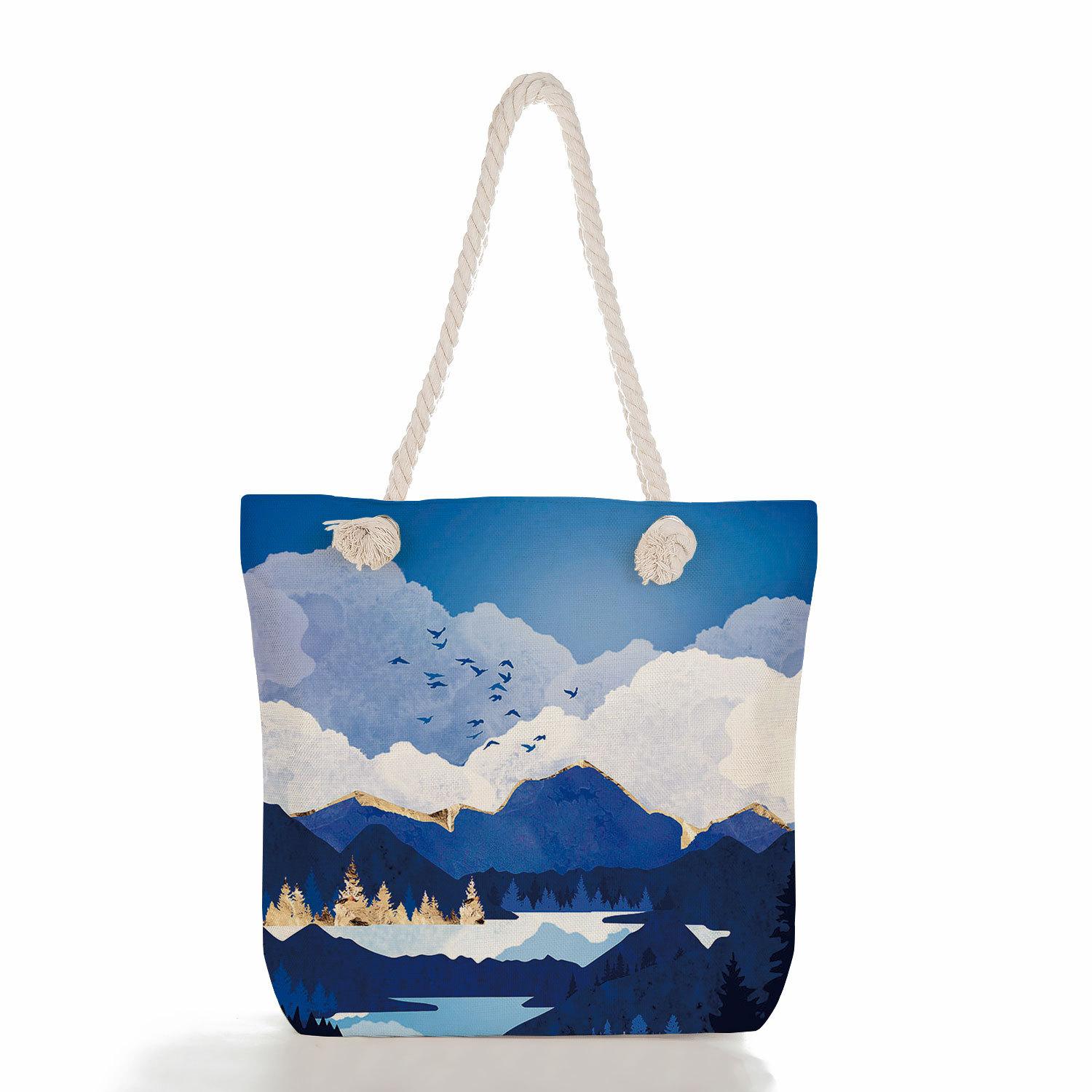 landscape painting print thick rope single-shoulder beach bag 7244