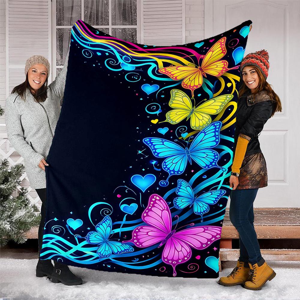 1pc Butterfly Print Outdoor Flannel Blanket , Machine Washable Perfect Gift for Birthday , Holiday Travel Accessory , Durable Material