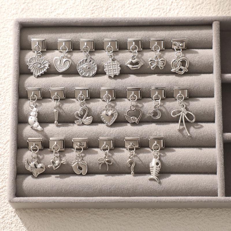 Fashion Heart Lips Bow Knot Feet Fishbone Pendant Italian Charm Link Fit 9mm Stainless Steel Bracelet DIY Making Men Women Gifts