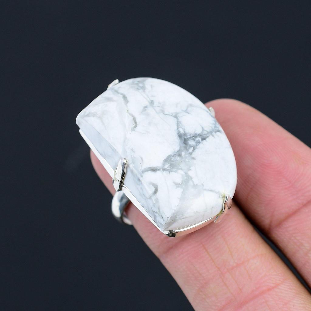 Saldi Giorno dell'Amicizia Howlite Naturale Nuovo Anello Solitario Gioielli Misura 8 Argento 925