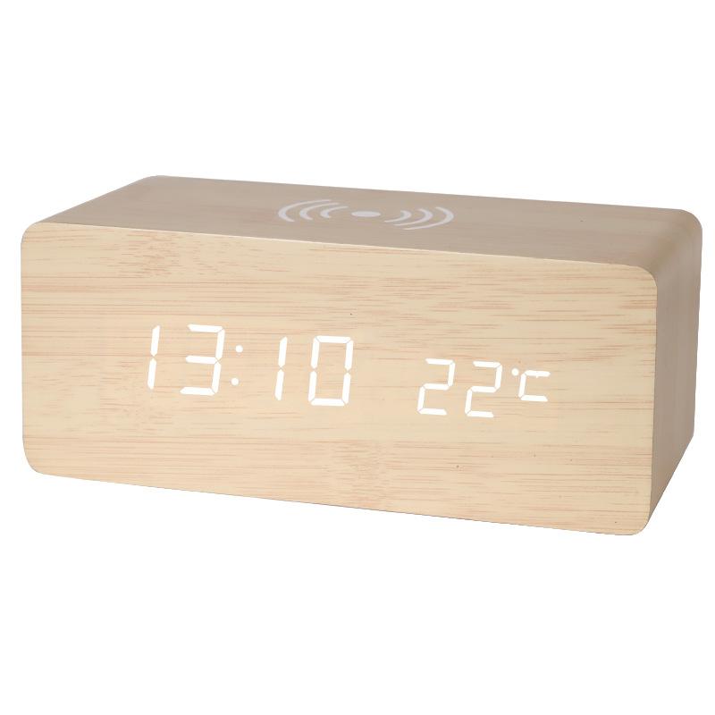 Alarm clock wooden clock led digital multi-function alarm clock wireless charging wooden children's bedside temperature pvc