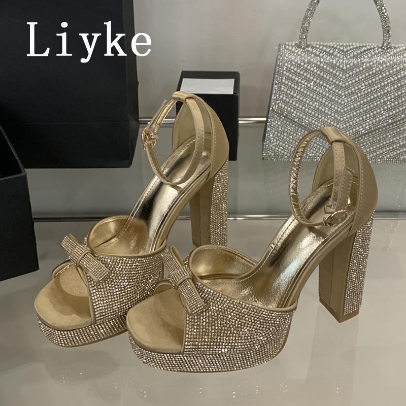 Fashion Liyke Summer Fashion Crystal Bowknot Open Toe Rhinestone Platform Sandals Women Silver High Heels Party Dress Shoe Zapatos Mujer