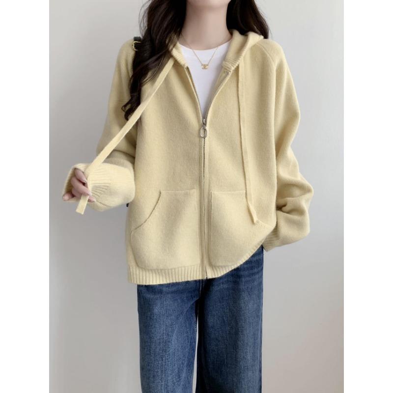 New Solid Color Lazy Wind Hooded Zipper Knitted Cardigan Casual Drawstring Sweater Thick Coat Women