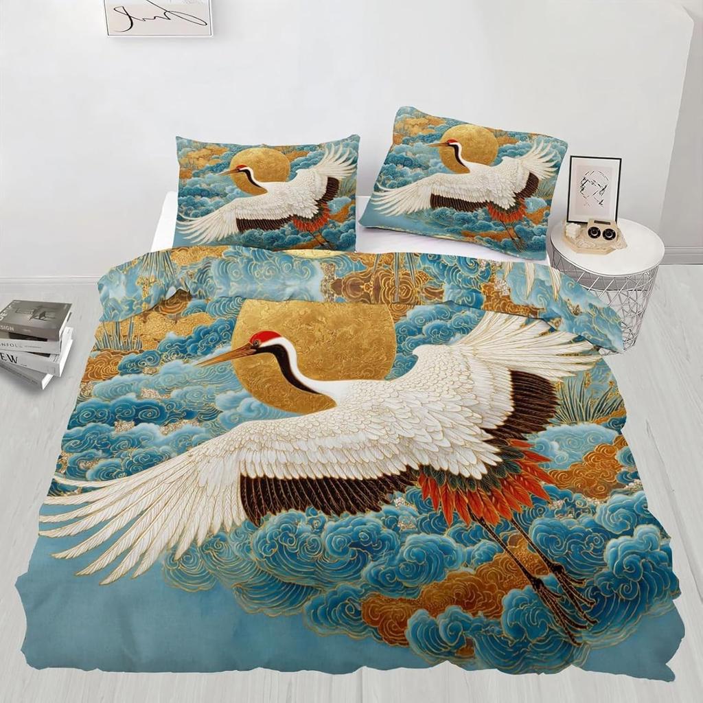 3D Crane Duvet Cover Vintage Chinoiserie Bedding Super King Bed Set, Soft Microfiber Comforter Cover Printed with Pillowcases