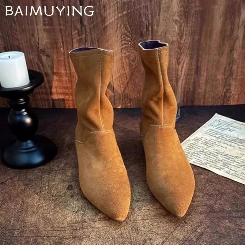 Pointed Toe Ankle Boots Women Flats Suede Shoes Woman Winter 2025 Trend Fashion Goth Retro Gladiator Chelsea Snow Botas De Mujer