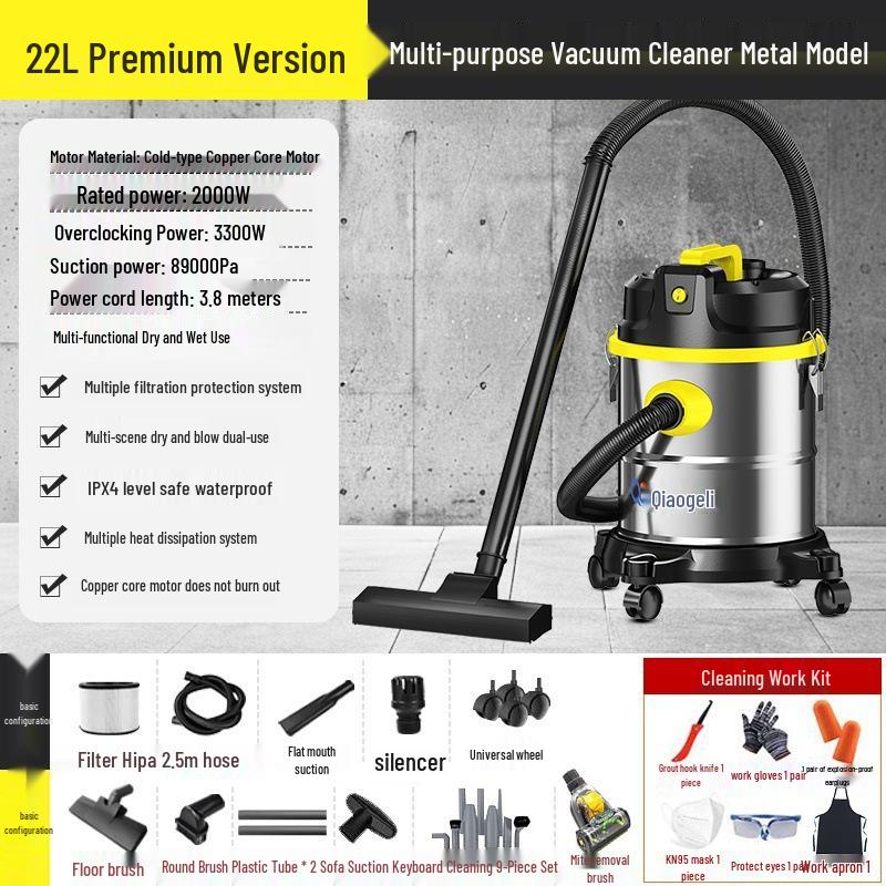 Dual-Use Wet/Dry Industrial Vacuum Cleaner for Home, Commercial, and Car Cleaning with Large Suction