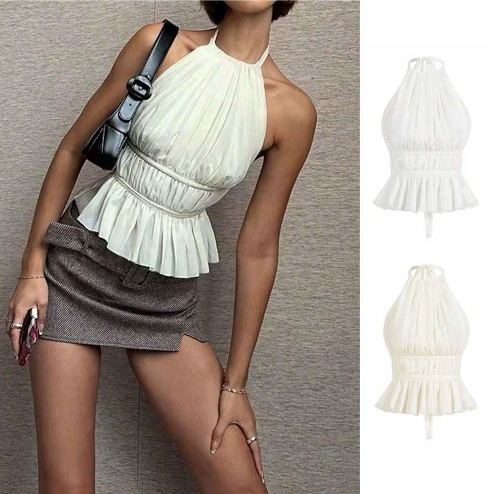 Pleated Lace-up Camisole Halter Women's Crop Top Breathable Chiffon Vest Tops  Girl