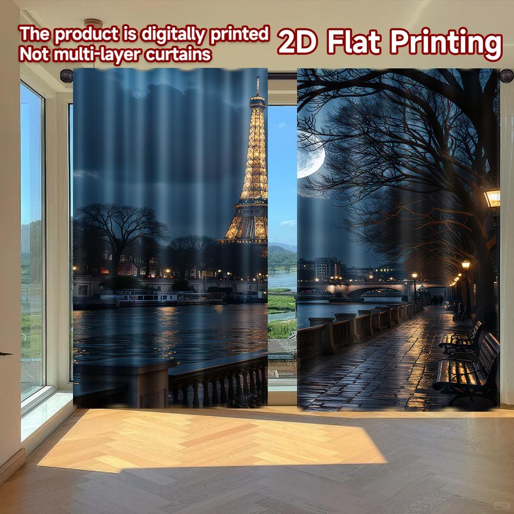 2D flat printing 2pcs Curtain Paris Night with Eiffel Tower Digital Printed Polyester Drapes Festive Holiday for Yard & Garden 100×220