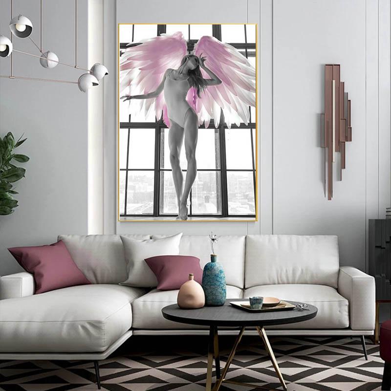 Rama z litego drewna Anioł Skrzydło Kobieta Płótno Malarstwo Czarny Biały Różowy Dziewczyna Plakaty i druki Portret Obraz do Wystrój Salonu