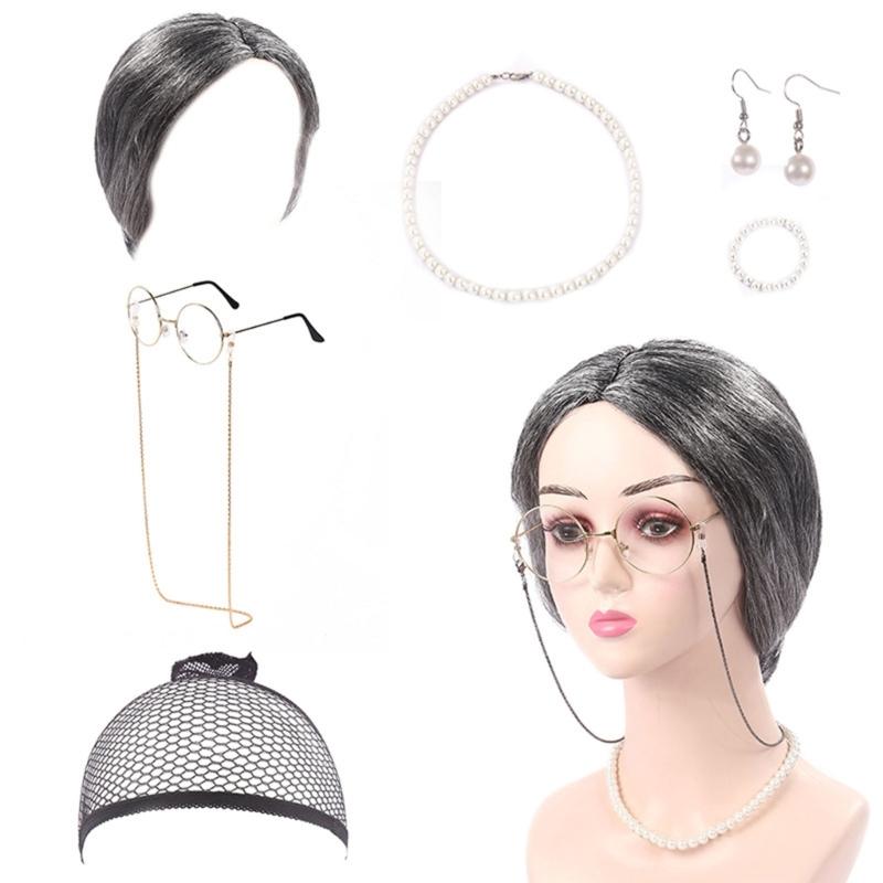 Halloween Grandma Costume Set 100 Days Of School Old Lady Costume Set Wig Granny Glasses with Chain Necklace for Girls