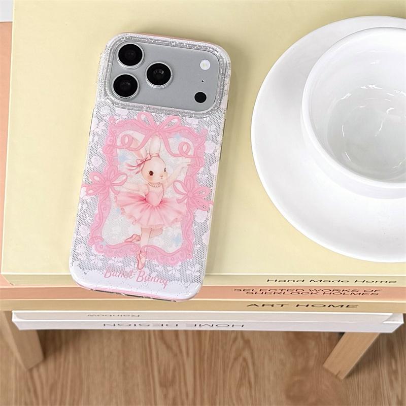 New 2026 INS Pink Ballet Bunny Lace Phone Case For iPhone 17 16 15 14 Pro Max with Rhinestone and Beaded Chain Shockproof Cover