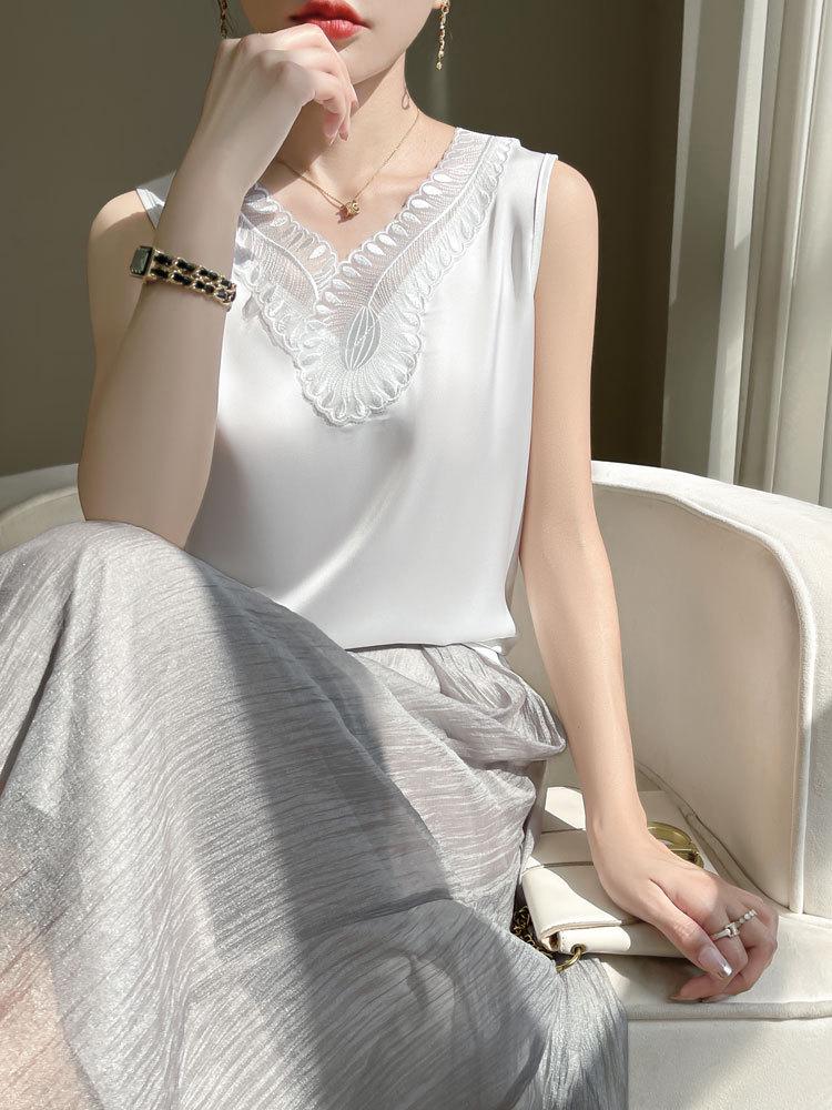 

Женский летний шелковый атласный топ-майка - Безрукавный лоскутный топ L жемчужина белый